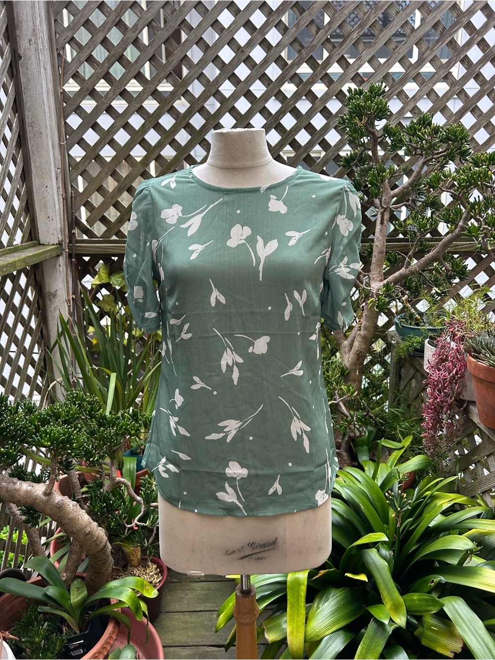 Allegra K Sage Green Floral Short Sleeve Blouse